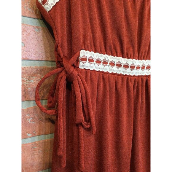 Vintage 70s Roberta California Dress Lace Trim Tie Sides Size 12 Empire Waist - Picture 3 of 8